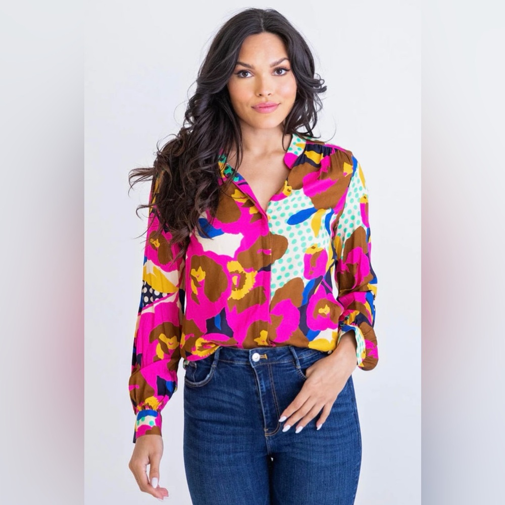 Karlie Pink and Blue Floral Blouse